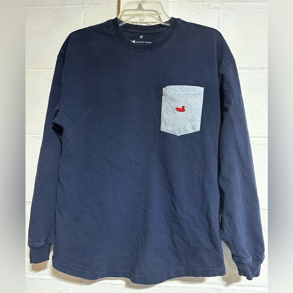 Southern Marsh navy with seersucker pocket.  Spell out. XS long sleeve t-shirt